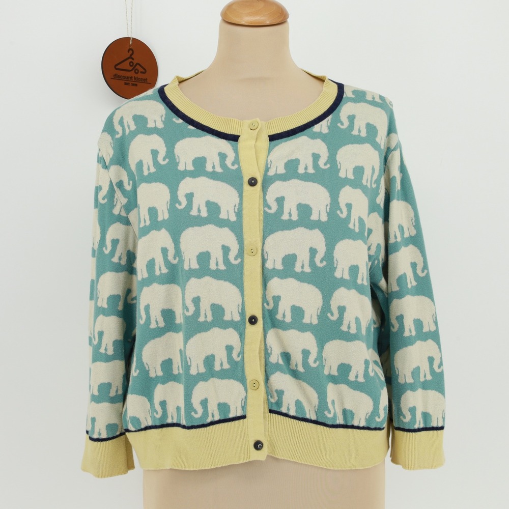 Palava Elephant Print Organic Cotton Cardigan Sweater Large 3/4 Length Sleeve